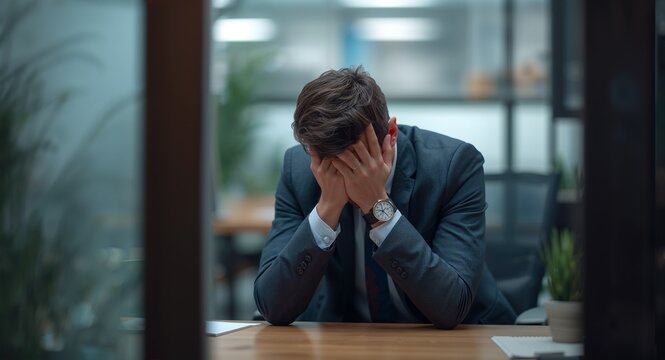 Young entrepreneur sitting in a small office looking defeated, A young entrepreneur sitting alone in a small cluttered office looking defeated with hands clasped in front of him staring at his desk