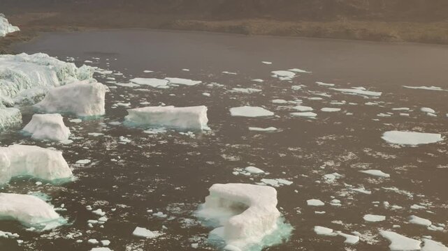 Floating icebergs drift in a large body of water as they melt under sunlight. The scene captures the effects of warming on the ice, with parts breaking away and dissolving.