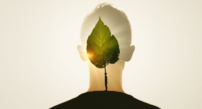 Silhouette of a person and a leaf symbolizing nature and growth in double exposure with copy space., A silhouette of a person merged with a leaf representing the connection to nature and personal