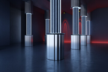 Naklejka premium Futuristic Neon Columns in a Dark Abstract Interior with Reflective Floor and Dramatic Blue and Red Architectural Lighting. 3D Rendering