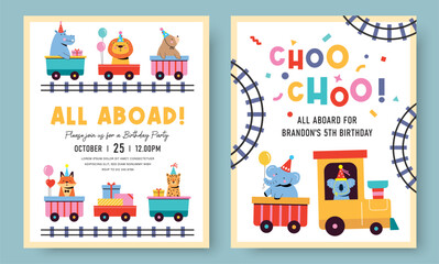 Naklejka premium Birthday party invitation card with cute cartoon party animals on the train.