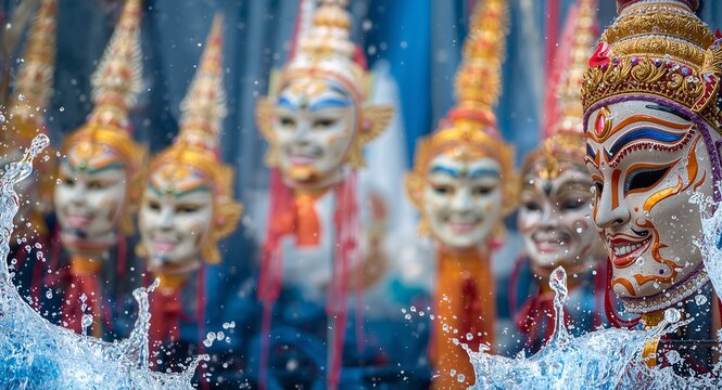 Water splashes and Thai traditional dance masks border frame with vibrant copy space for Songkran, Vibrant water splashes and colorful Thai traditional dance masks framing lively space for Songkran