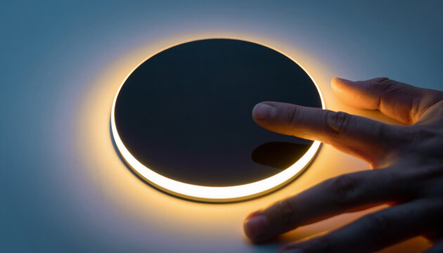 Person interacting with glowing smart home control interface