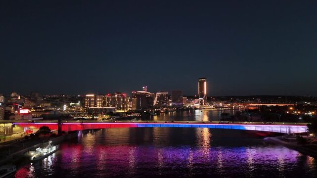 Belgrade, Serbia - April 18, 2026: View of Belgrade at night from a drone. View of Brankov bridge and Belgrade waterfront