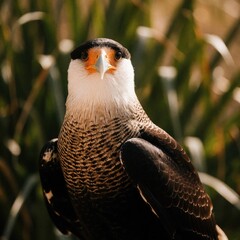 Naklejka premium Crested Caracara bird of prey faces forward, its distinctive orange beak and white neck feathers prominent. This wild bird has dark brown plumage and sharp eyes, set against blurred green background.