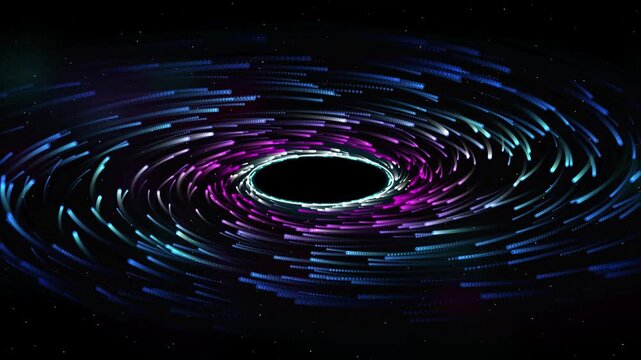 Abstract cosmic vortex of glowing purple and blue light particle trails swirling around a deep black hole in the dark sky of outer space