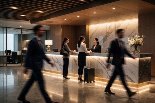 Businesswoman checks in at luxury hotel reception desk. Female travelers arrive with luggage at lobby. Staff greets guests in modern interior. Busy pro people walk past marble counter during business