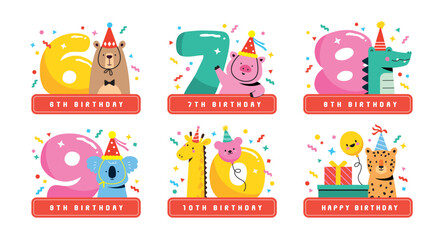 Fototapeta premium Collection of birthday anniversary numbers with cute adorable party animals celebrating birthday