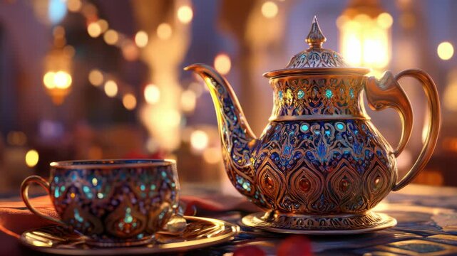 Ornate teapot and decorated teacup with gold accents and traditional patterns
