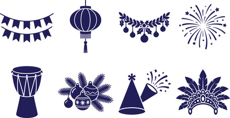 Naklejka premium Festive Event Icon Collection with Holiday Party Carnival and Festival Symbols for Creative Business Graphic Design Projects