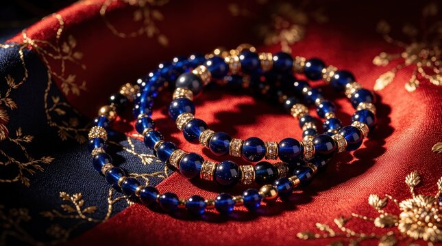 Elegant blue bead bracelets with gold accents lie on luxury red silk fabric. Handcrafted jewelry collection features sparkling gemstones, ornate patterns. Festive accessories displayed on embroidered