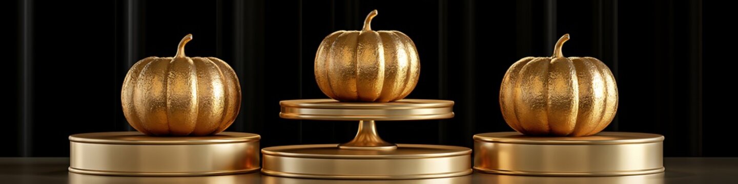 Three elegant golden pumpkins displayed on luxury pedestals against black backdrop