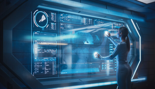 Woman interacts with holographic data screen in futuristic spaceship