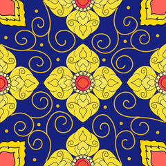 Luxury Thai floral seamless pattern on dark blue background. © ณัฐธิดา ยศักดิ์ศรี