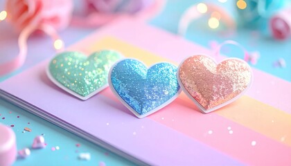 Fototapeta premium Pastel Hearts on Rainbow Background - A Sweet Valentines Day Scene.