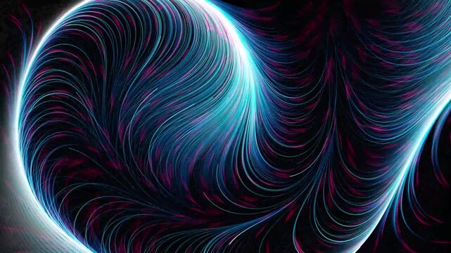 Abstract glowing cyan and blue fiber optic lines waving in fluid organic patterns against a dark background as a futuristic digital loop