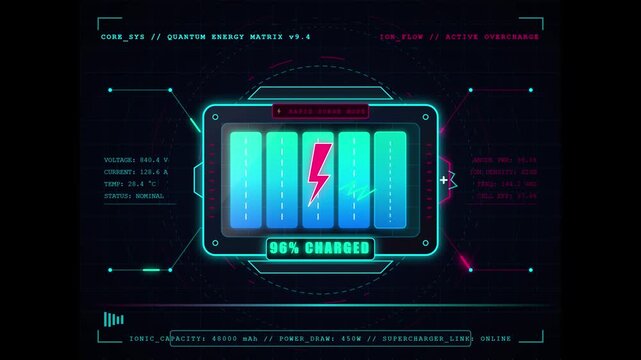A digital futuristic interface featuring a glowing blue battery charging display with a red lightning bolt icon, surrounded by technical data overlays on a dark background.