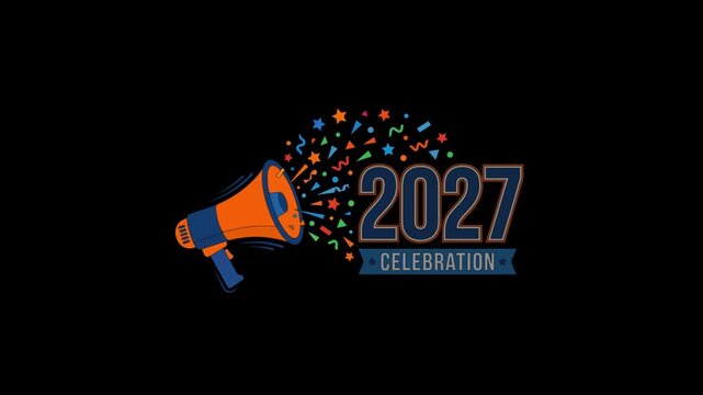 Loud orange megaphone projecting festive twenty twenty seven new year celebration graphics with dynamic motion confetti elements in this vibrant digital animation video motion clip design.