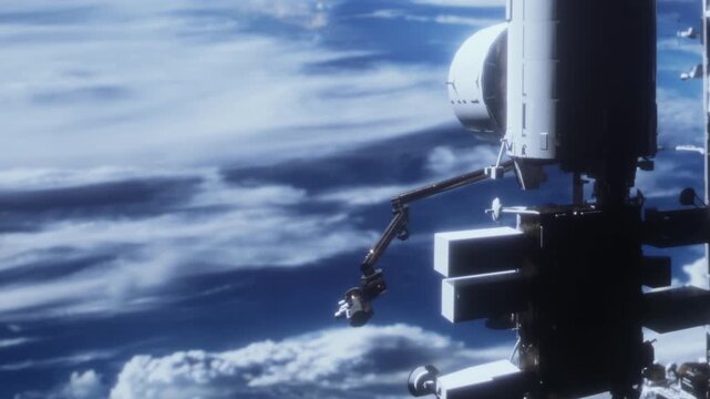 A space station is shown in orbit above Earth. Robotic arms are extended as clouds can be seen below. This scene represents human activities in space.