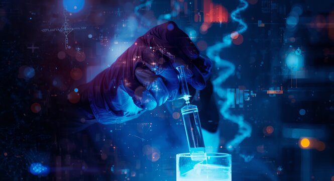 Striking visual representation capturing laboratory procedures and advanced digital data analysis integral to genetic ancestry testing and heritage determination with copy space on the left side
