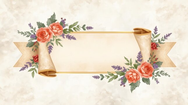 Elegant floral banner with roses and lavender on a textured parchment background