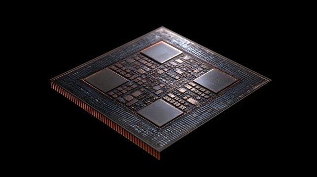 A detailed close up of a multi die chiplet package with metallic surfaces and intricate circuitry patterns under focused lighting