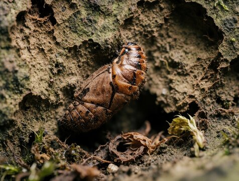 Brown insect pupa rests on damp soil near moss. Close macro view shows segmented body and fuzzy texture. Awaiting transformation, change in nature.