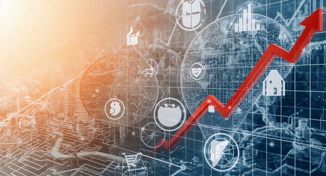 Illustrate tariff related economic slowdown with visuals of declining industrial output reduced consumer activity and market contraction across key sectors. with copy space on the left side