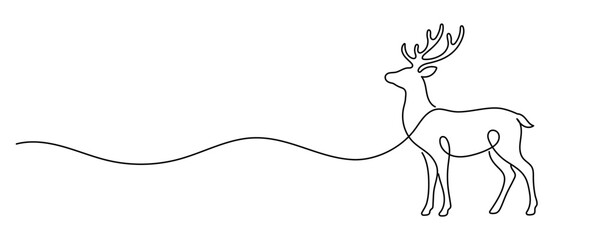 Fototapeta premium Minimalist continuous line art vector illustration of a graceful deer with antlers standing beside a horizontal wavy line, isolated on a white background. Editable stroke