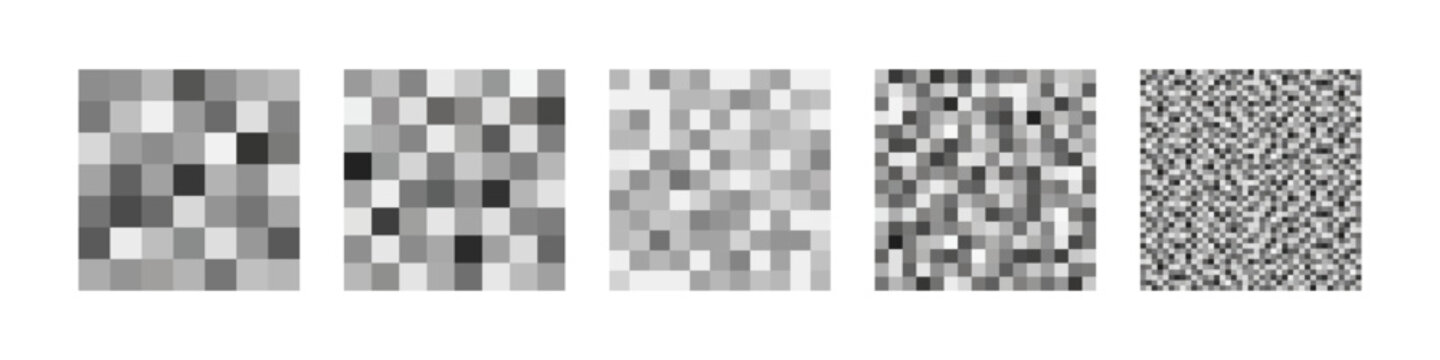 Set of five vector pixelation patterns and digital censorship mosaic grids with varying pixel sizes and grayscale shades isolated on a white background.