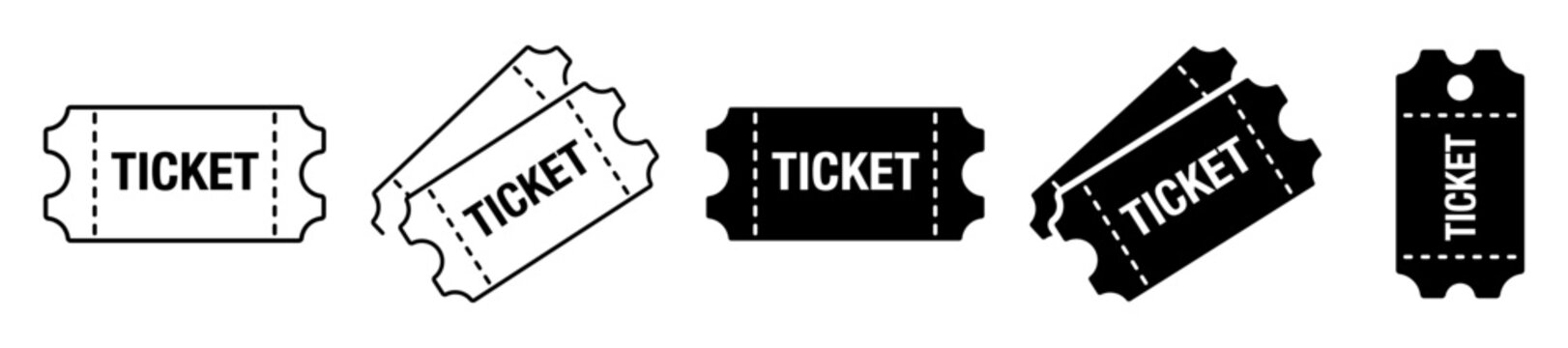 Set of vector ticket icons featuring single and paired tickets with the text ticket, dashed perforation lines, and cutouts in outline and solid black styles, isolated on a white background.