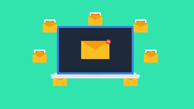 Laptop Animation with Floating Email Envelopes and Inbox Notification Badge on Green Screen.
