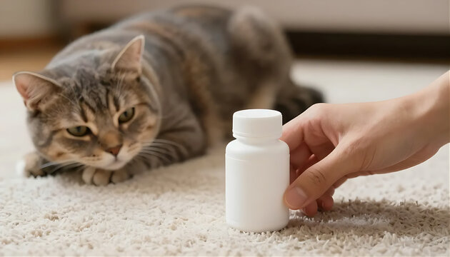 person reaching for pill bottle with cat lying beside