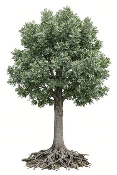 Mature Silver Ash tree, tall hardwood trunk with silvery green foliage and exposed roots, full tree visible, 23 ratio, isolated on seamless pure white background
