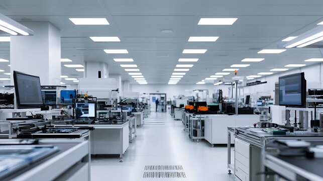 Modern semiconductor manufacturing facility with clean white workstations  overhead lighting  and computer monitors displaying production data
