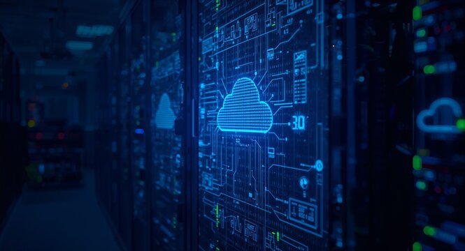 Innovative cloud data center processing system illustrated through high resolution imagery emphasizing automated digital workflows real time analytics and robust network throughput