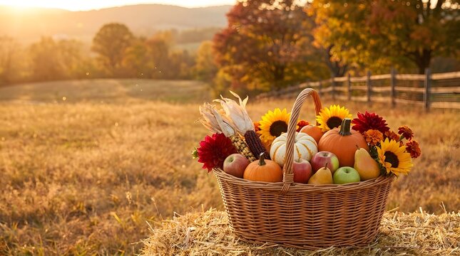 A rustic wicker basket overflowing with pumpkins, sunflowers, apples, and corn sits on a hay bale at sunset in an autumn field