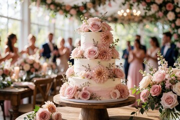 Naklejka premium Elegant tiered wedding cake adorned with pink roses and dahlias sits on wooden stand. Guests gather in bright venue for festive celebration, enjoying special occasion with loved ones present.