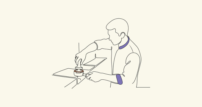 Single line drawing of professional barista tamping ground coffee in portafilter.