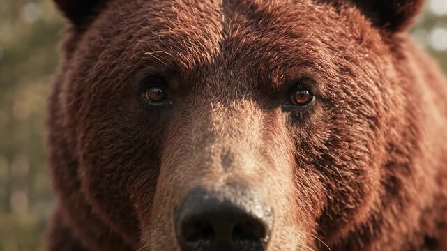 Extreme close up portrait of wild brown grizzly bear face in natural forest habitat