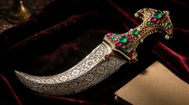 Ornate Rajput dagger with jeweled hilt lies on dark red velvet cloth. Ancient curved blade features detailed floral metal engraving. Luxury ceremonial weapon with emeralds, rubies rests near old book