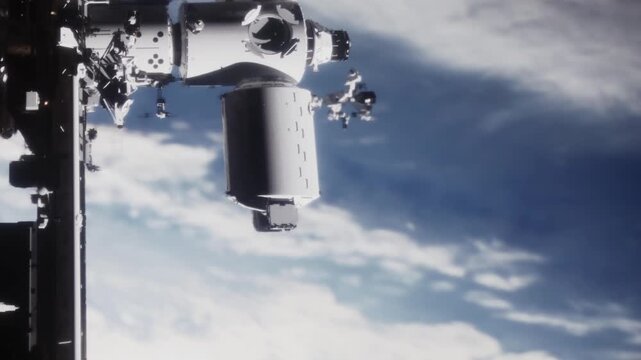 A spacecraft is docked at the International Space Station. The Earth is visible below with clouds in a daytime sky. This scene shows human space exploration and technology.