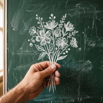 Person hand holding white chalk wildflower bouquet drawn on green chalkboard