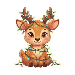 Baby Reindeer Tangled in Glowing Christmas Fairy Lights © Ashman