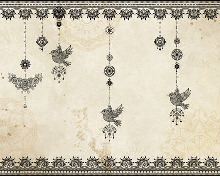 Vintage boho hanging ornaments with birds and mandala, ethnic border design on old paper