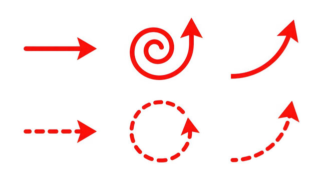 Set of red arrows with straight curved and dotted lines