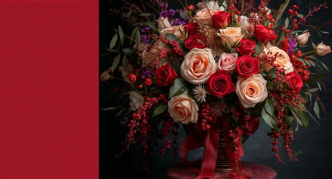 Showcase timeless prom night roses displays with ornate floral arrangements and elegant color palettes that elevate upscale decor and exude refined sophistication with copy space on the left side