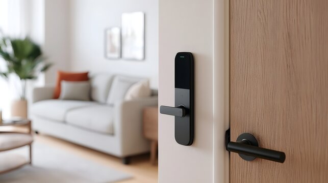 Modern smart door lock installed on wooden door with minimalist living room in soft focus background