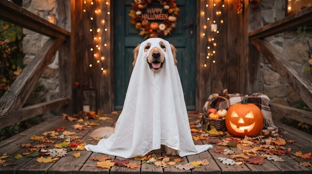A cute golden retriever wearing a ghost costume for a fun halloween porch celebration
