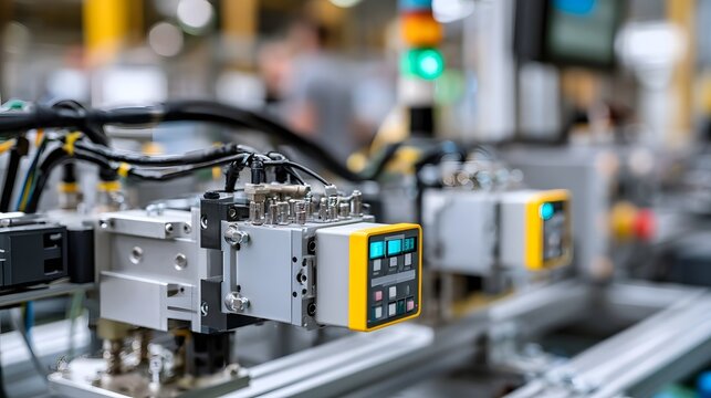Close up of industrial automation equipment with digital control panel and connected wiring in a factory setting